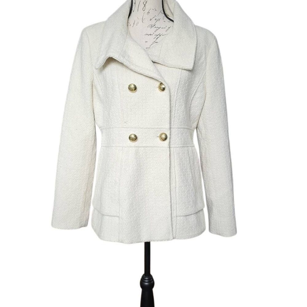 Jessica Simpson Women's Size Large Cream Textured Gold Button Peacoat